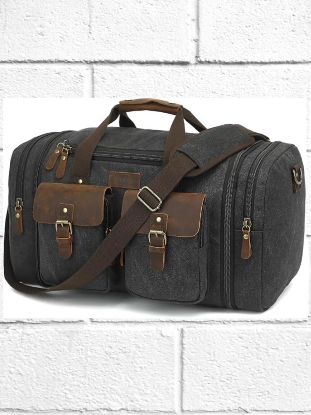 NWT! Sturdy 50-60L Canvas and Leather Expandable Duffel Tote with Shoulder Strap